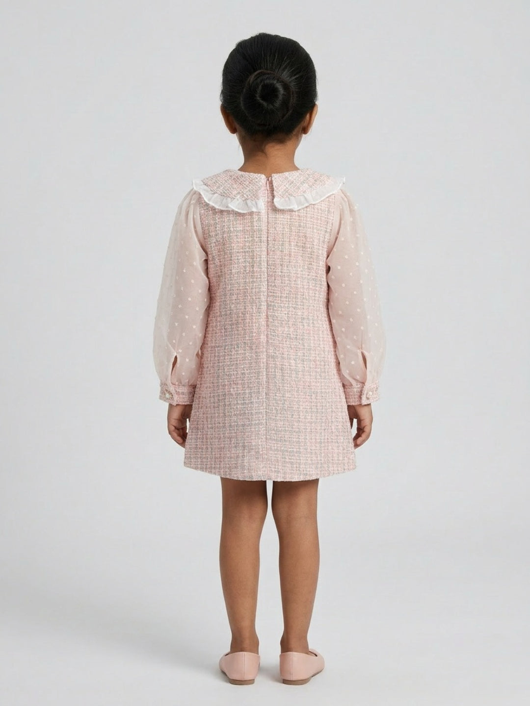 Biglilpeople Girls Pink Dobby Peter Pan Collar Long Mesh Sleeves A-Line Dress