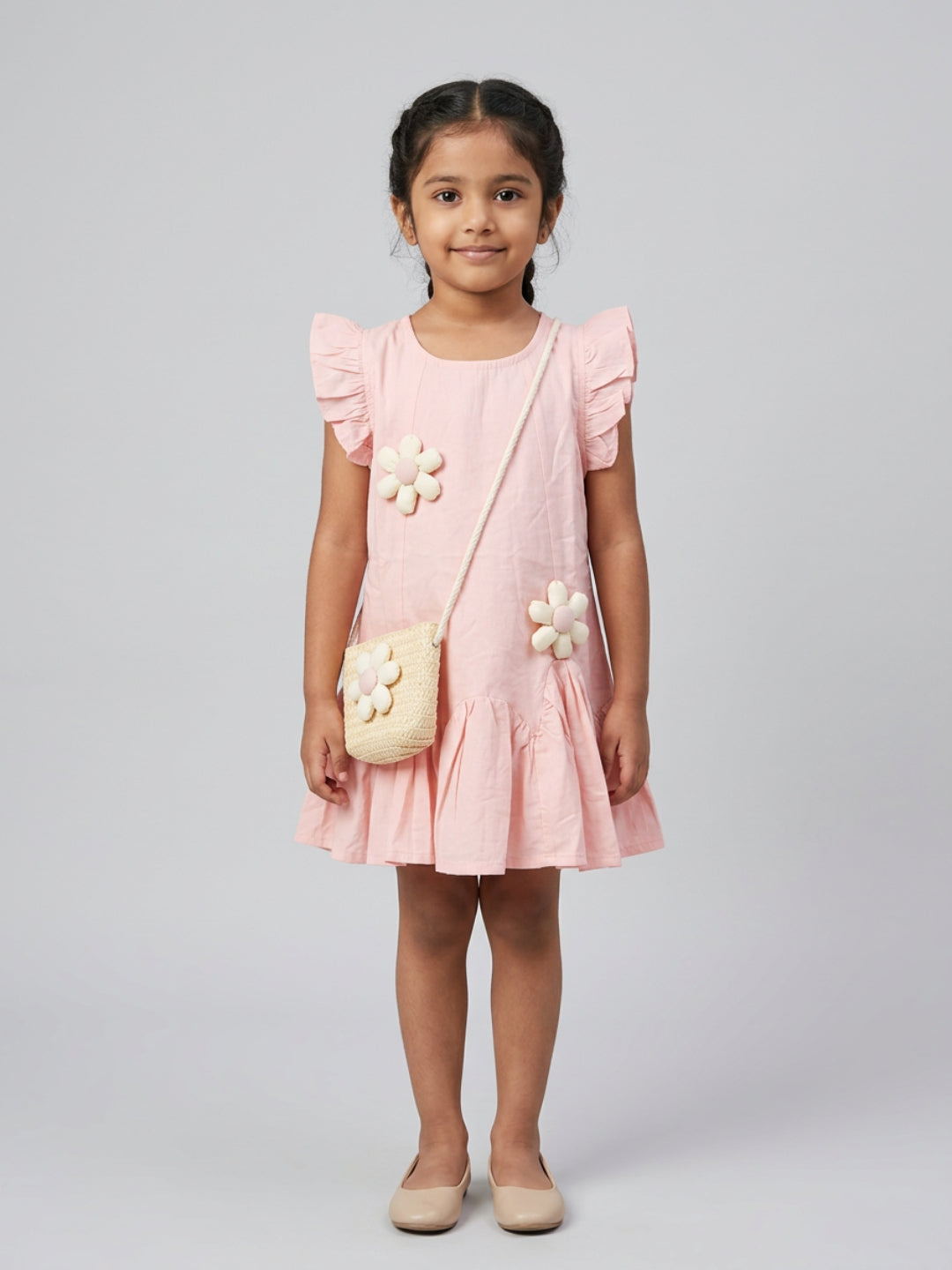 Biglilpeople Girls Pink 3D Floral Round Neck Sleeveless Drop Waist Dress & Sling Bag