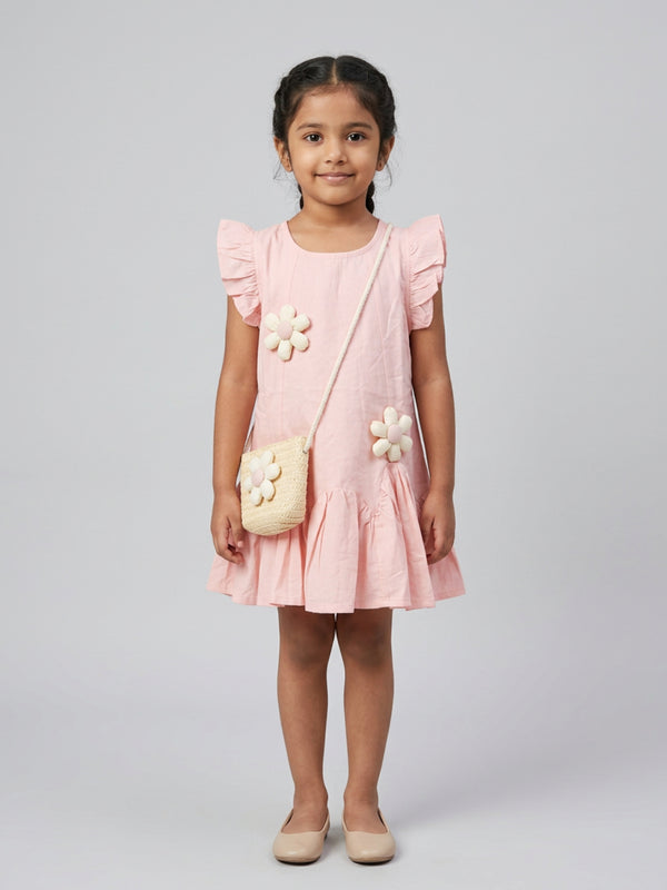 Biglilpeople Girls Pink 3D Floral Round Neck Sleeveless Drop Waist Dress & Sling Bag