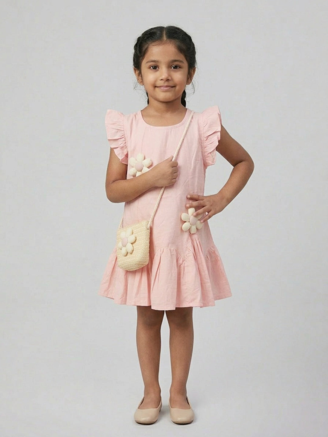 Biglilpeople Girls Pink 3D Floral Round Neck Sleeveless Drop Waist Dress & Sling Bag