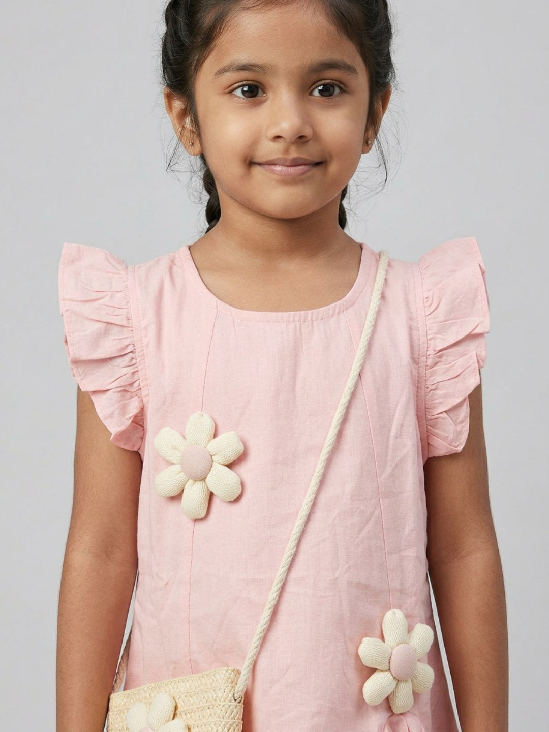 Biglilpeople Girls Pink 3D Floral Round Neck Sleeveless Drop Waist Dress & Sling Bag