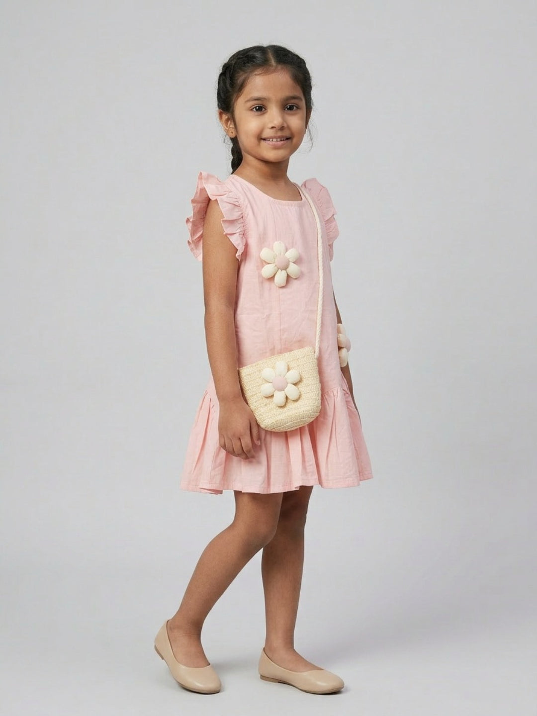 Biglilpeople Girls Pink 3D Floral Round Neck Sleeveless Drop Waist Dress & Sling Bag