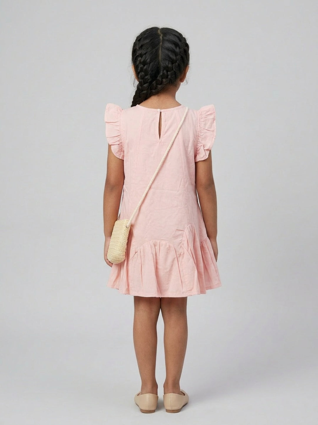 Biglilpeople Girls Pink 3D Floral Round Neck Sleeveless Drop Waist Dress & Sling Bag