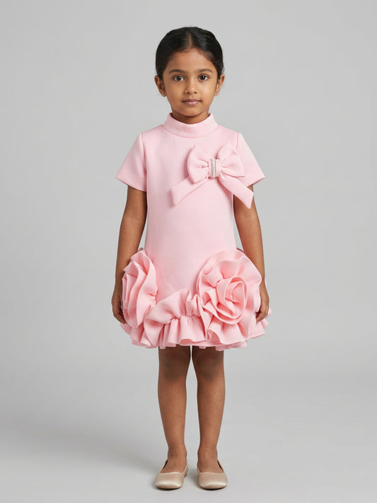 Biglilpeople Girls Pink 3D Floral High Neck Short Sleeves A-Line Dress