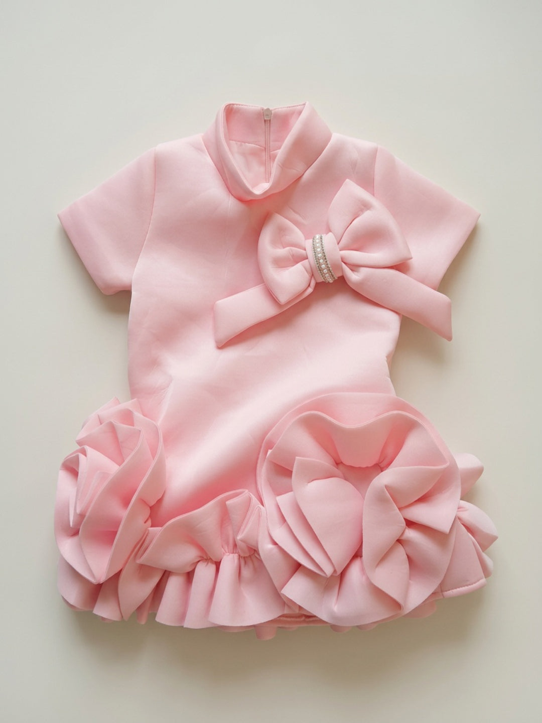 बिगलिलपीपल लड़कियों के लिए गुलाबी 3डी फ्लोरल हाई नेक छोटी आस्तीन वाली ए-लाइन ड्रेस