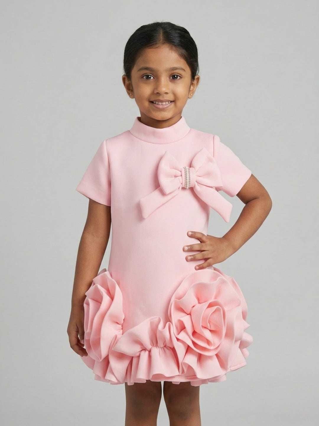 Vestido de línea A con cuello alto, manga corta y flores 3D de color rosa para niñas de Biglilpeople