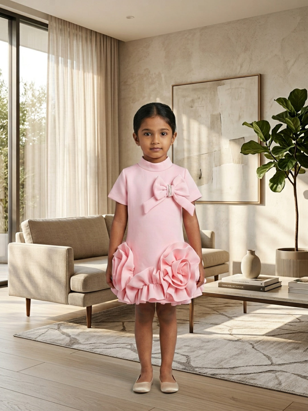 बिगलिलपीपल लड़कियों के लिए गुलाबी 3डी फ्लोरल हाई नेक छोटी आस्तीन वाली ए-लाइन ड्रेस