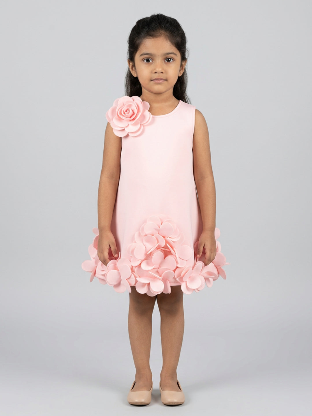 Biglilpeople Girls Pink 3D Floral Round Neck Sleeveless A-Line Dress