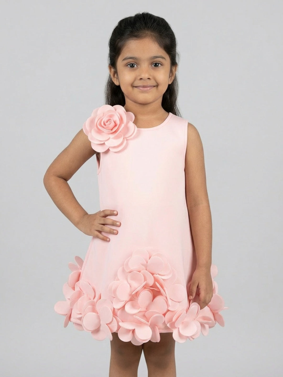 Biglilpeople Girls Pink 3D Floral Round Neck Sleeveless A-Line Dress