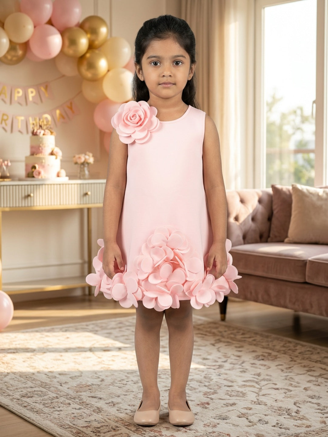 Biglilpeople Girls Pink 3D Floral Round Neck Sleeveless A-Line Dress