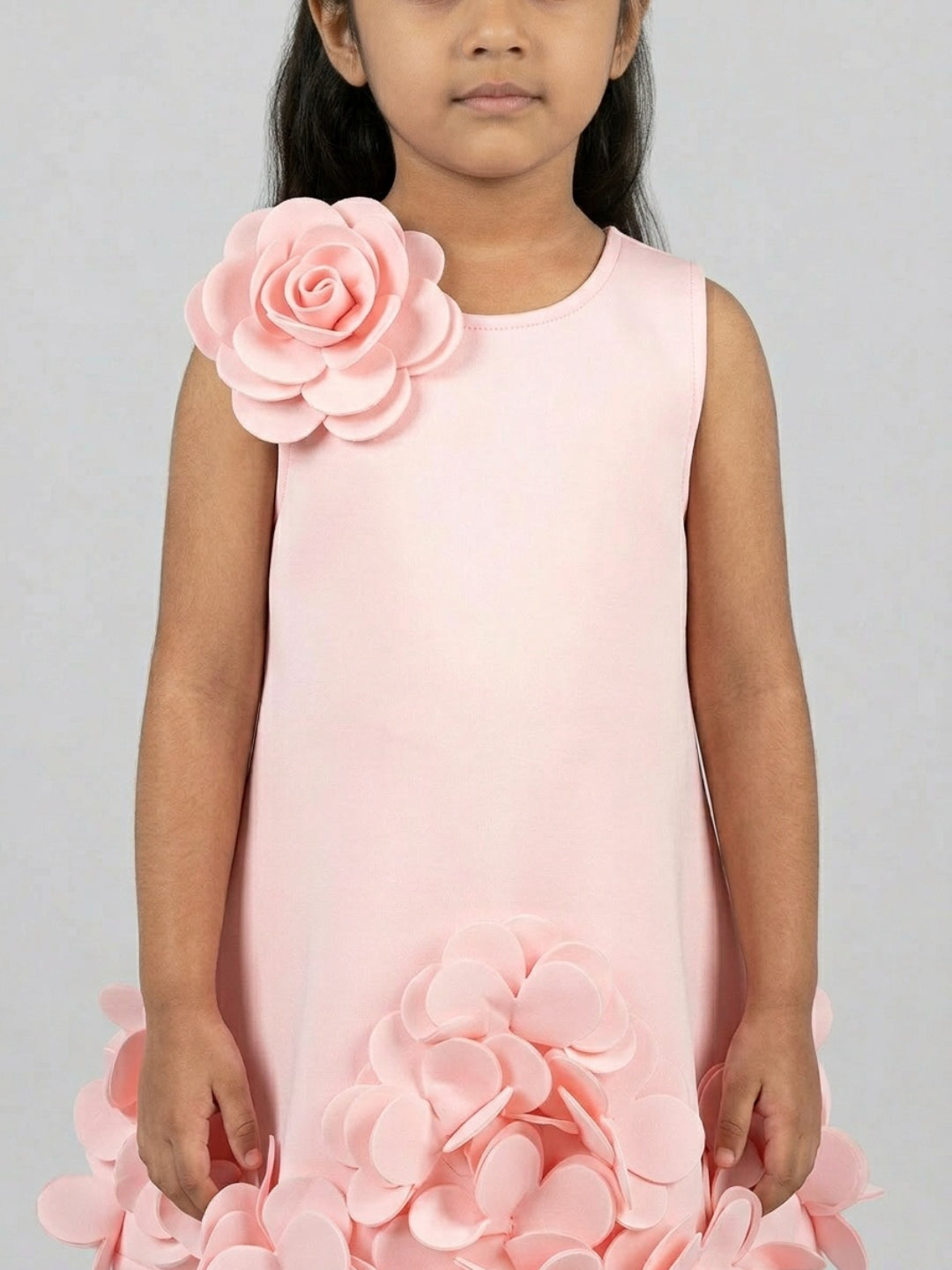 Biglilpeople Girls Pink 3D Floral Round Neck Sleeveless A-Line Dress