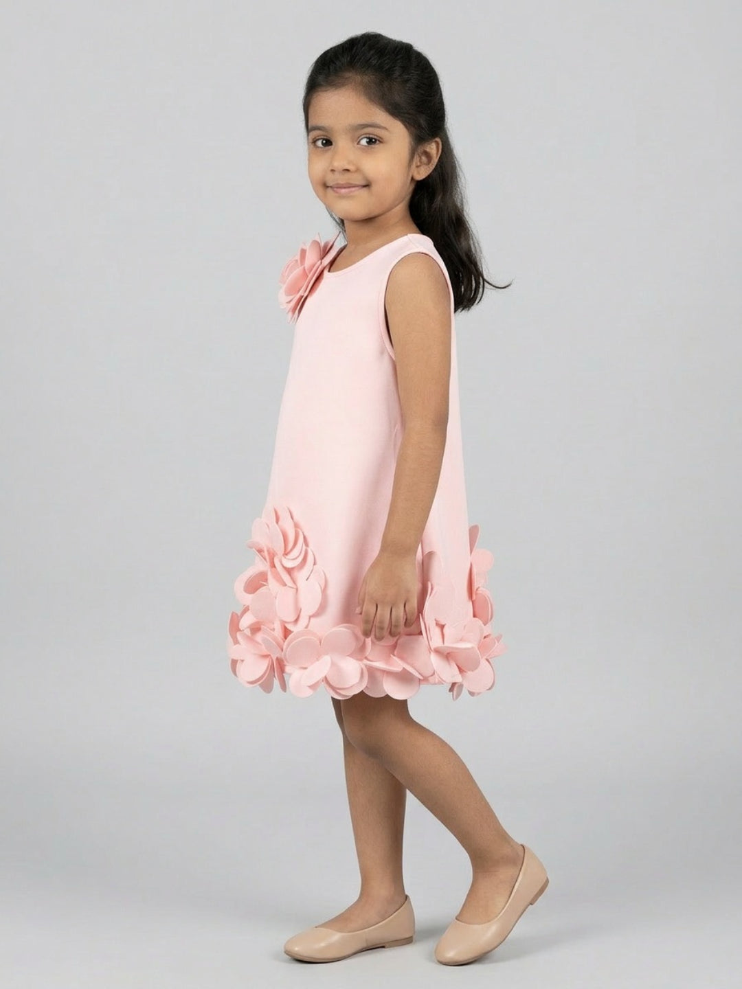 Biglilpeople Girls Pink 3D Floral Round Neck Sleeveless A-Line Dress