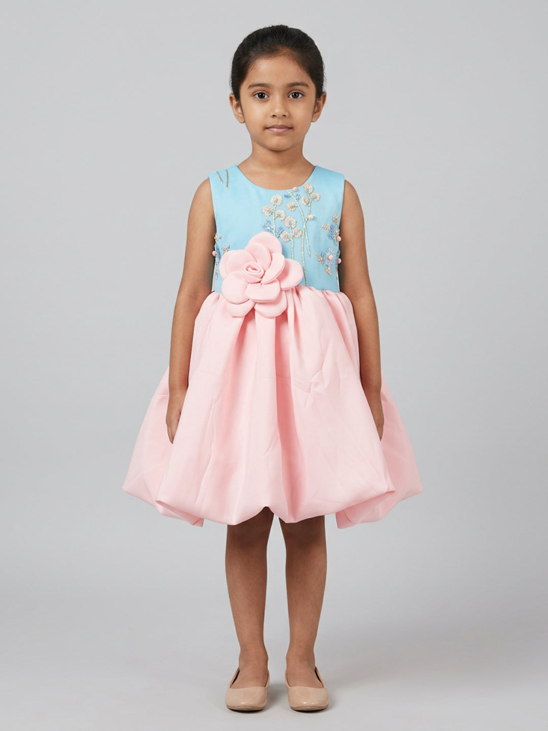 Biglilpeople Girls Multicolour Color-Blocked 3D Floral Round Neck Sleeveless Fit & Flare Dress