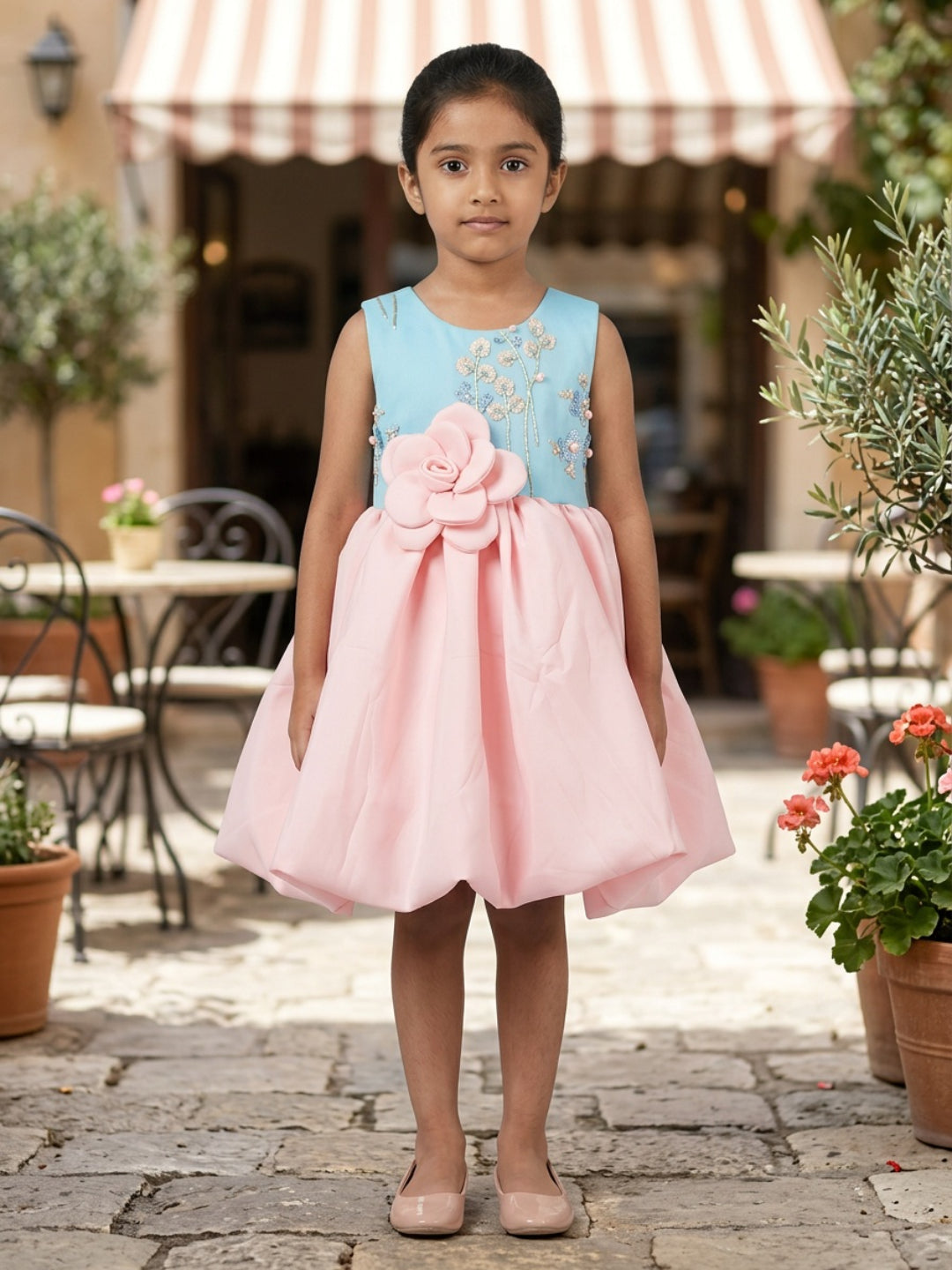 Biglilpeople Girls Multicolour Color-Blocked 3D Floral Round Neck Sleeveless Fit & Flare Dress
