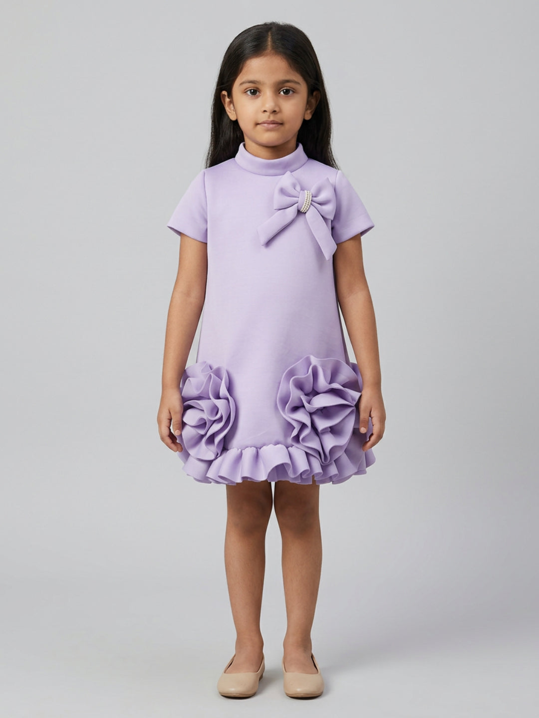Biglilpeople Girls Purple 3D Floral High Neck Short Sleeves A-Line Dress