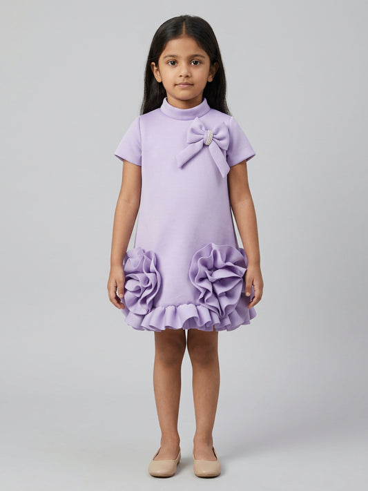 Biglilpeople Girls Purple 3D Floral High Neck Short Sleeves A-Line Dress