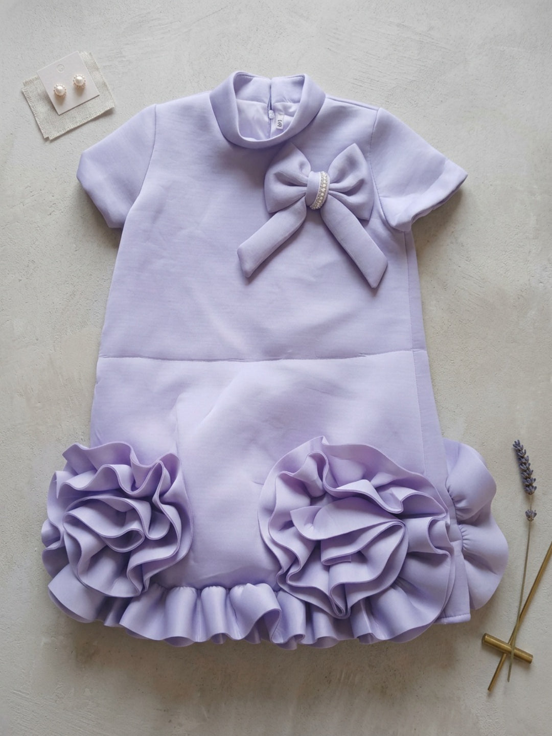 Biglilpeople Girls Purple 3D Floral High Neck Short Sleeves A-Line Dress