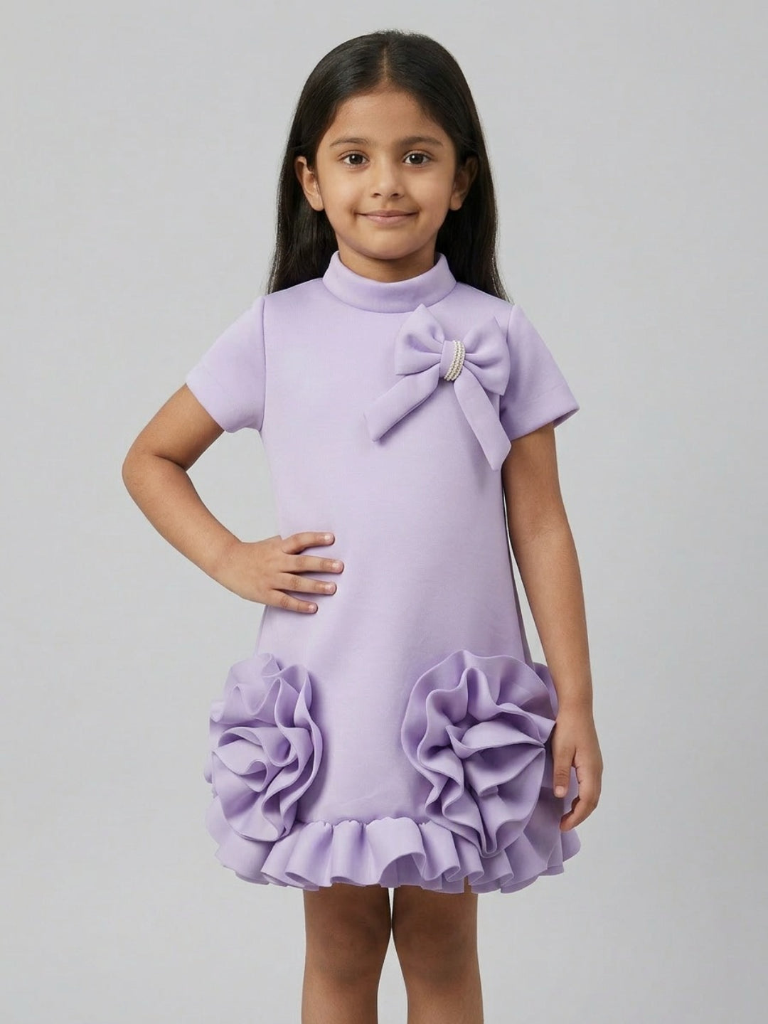 Biglilpeople Girls Purple 3D Floral High Neck Short Sleeves A-Line Dress