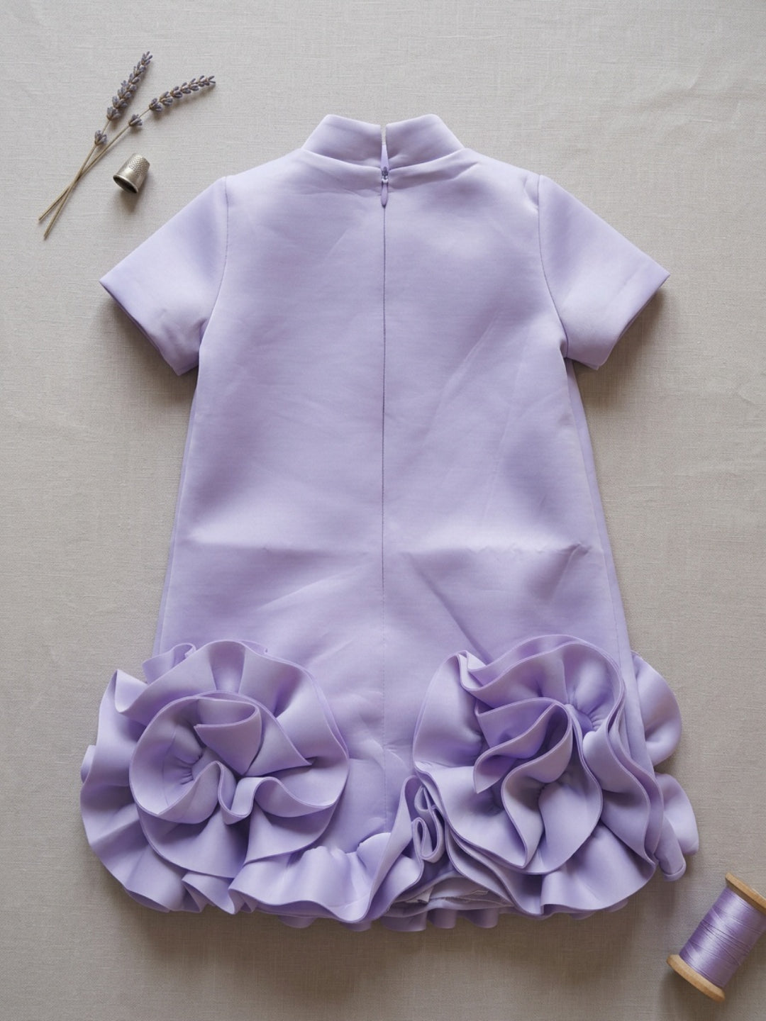 Biglilpeople Girls Purple 3D Floral High Neck Short Sleeves A-Line Dress