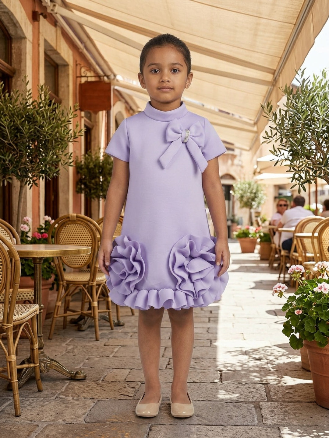 Biglilpeople Girls Purple 3D Floral High Neck Short Sleeves A-Line Dress