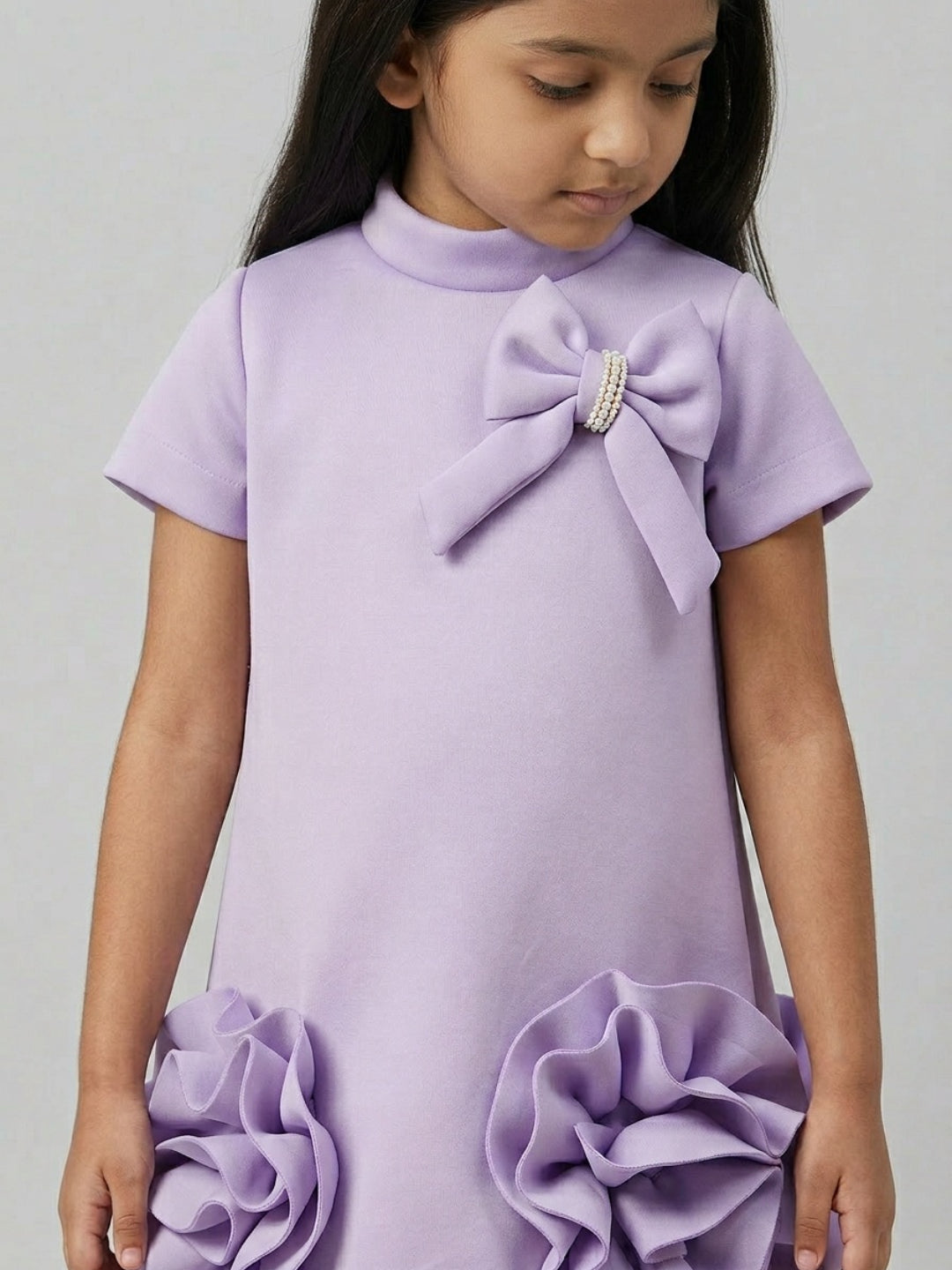 Biglilpeople Girls Purple 3D Floral High Neck Short Sleeves A-Line Dress