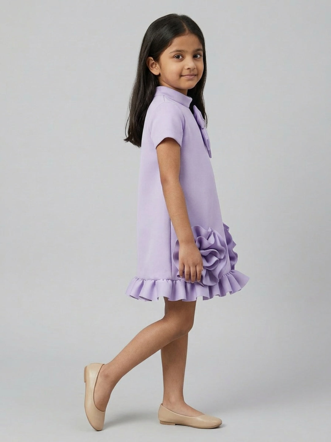 Biglilpeople Girls Purple 3D Floral High Neck Short Sleeves A-Line Dress