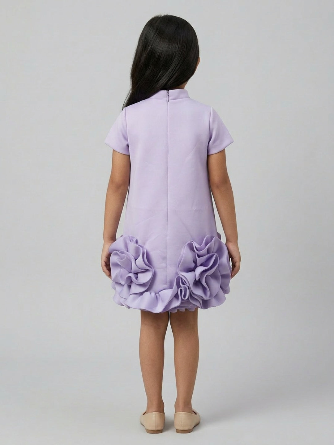 Biglilpeople Girls Purple 3D Floral High Neck Short Sleeves A-Line Dress