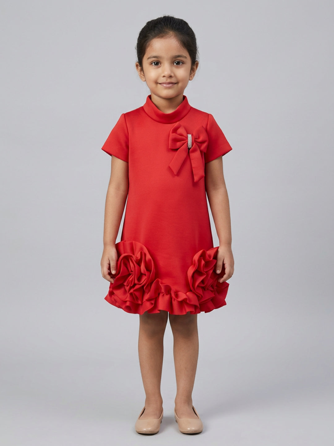 Biglilpeople Girls Red 3D Floral High Neck Short Sleeves A-Line Dress