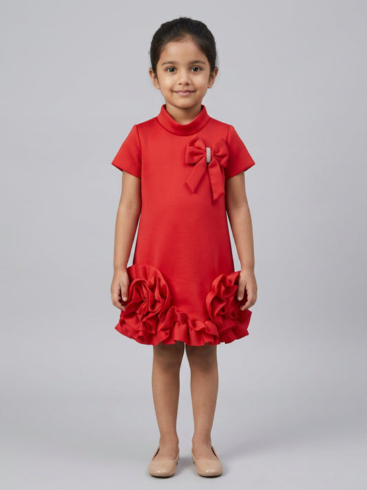 Biglilpeople Girls Red 3D Floral High Neck Short Sleeves A-Line Dress