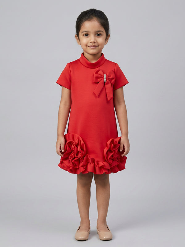 Biglilpeople Girls Red 3D Floral High Neck Short Sleeves A-Line Dress