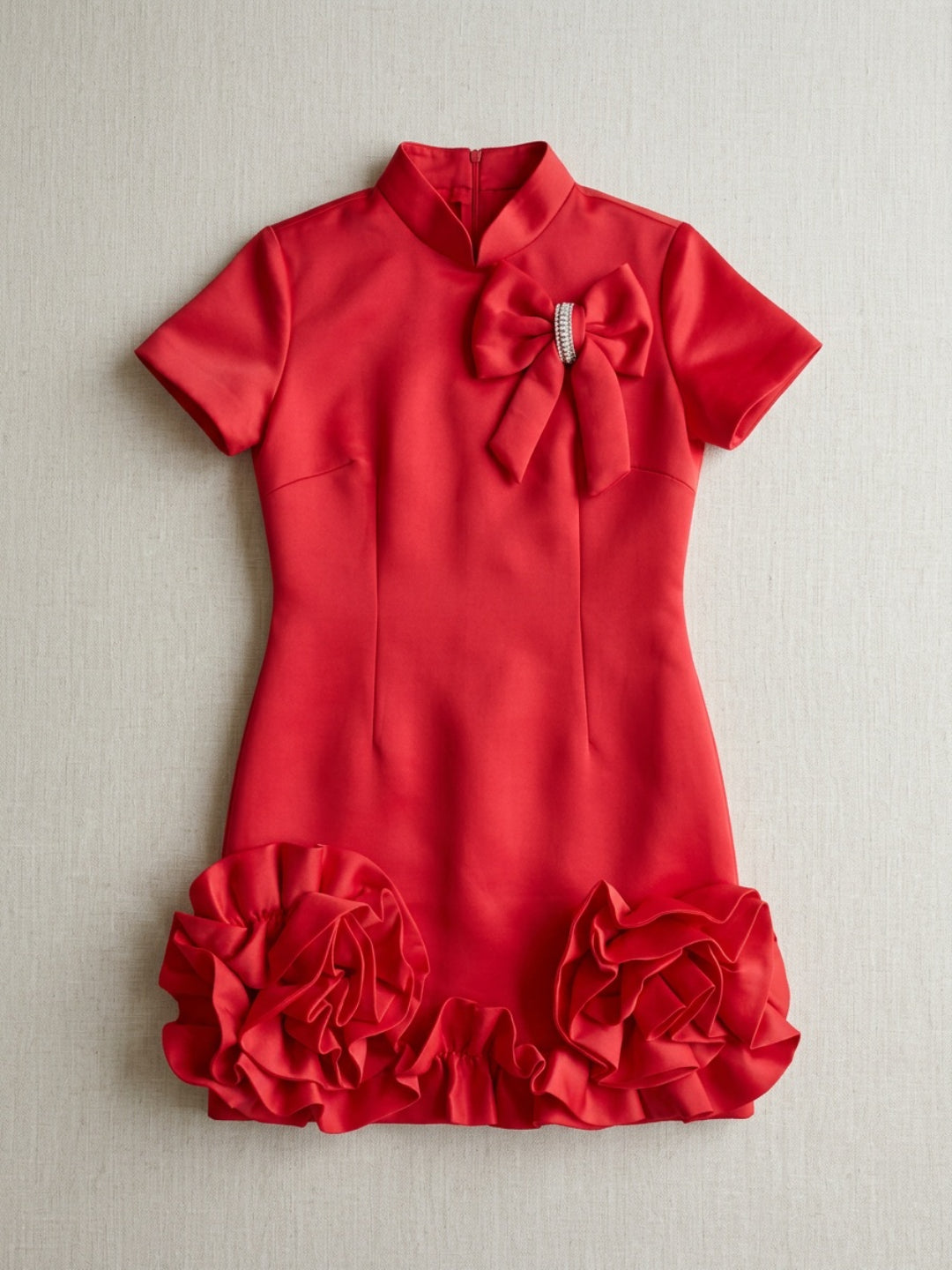 Biglilpeople Girls Red 3D Floral High Neck Short Sleeves A-Line Dress