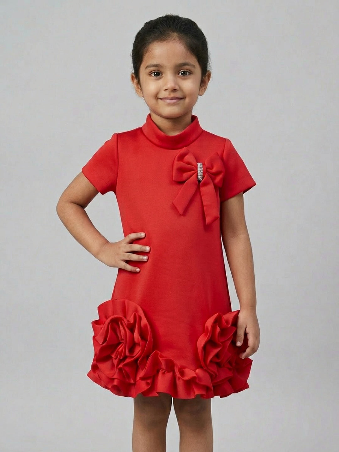 Biglilpeople Girls Red 3D Floral High Neck Short Sleeves A-Line Dress