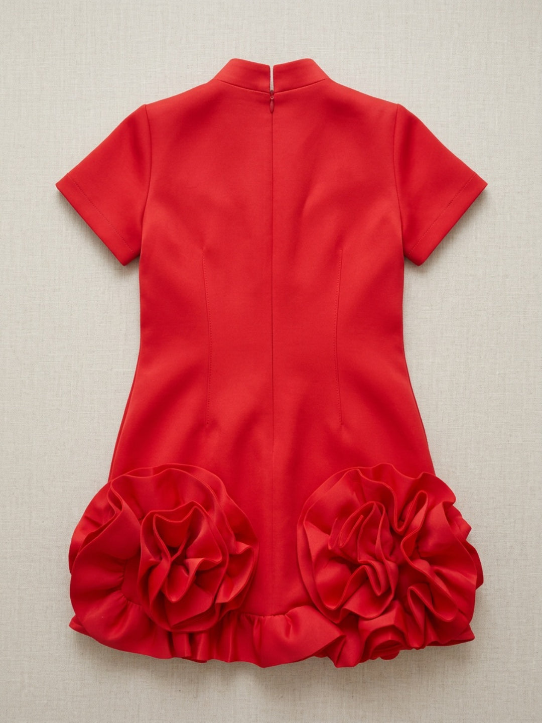 Biglilpeople Girls Red 3D Floral High Neck Short Sleeves A-Line Dress
