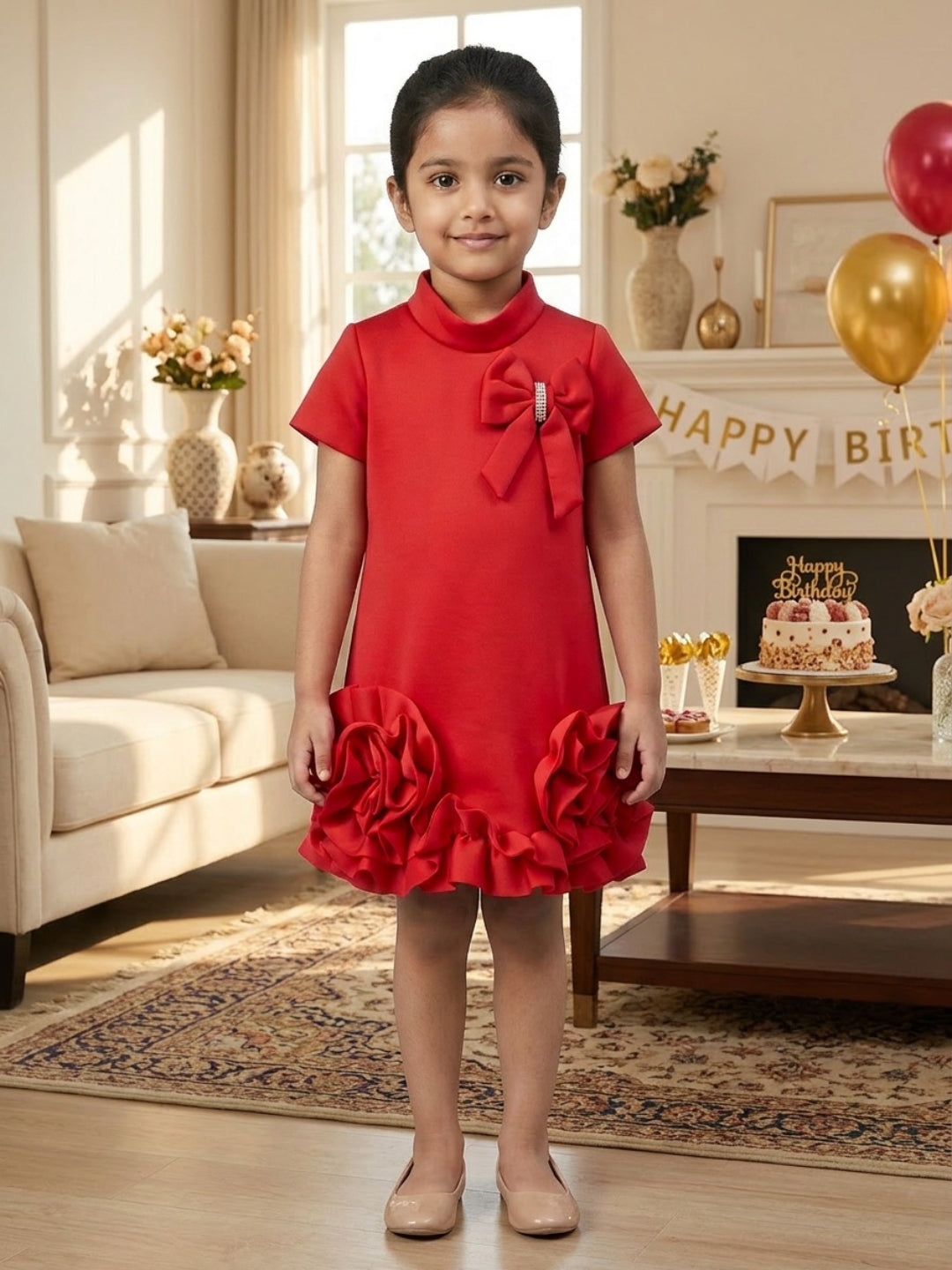 Biglilpeople Girls Red 3D Floral High Neck Short Sleeves A-Line Dress