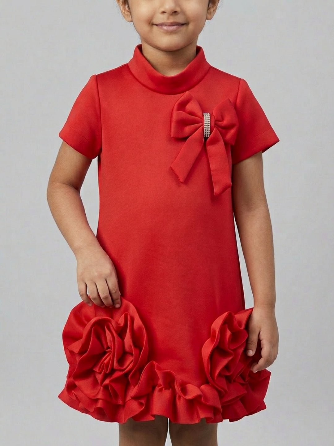 Biglilpeople Girls Red 3D Floral High Neck Short Sleeves A-Line Dress
