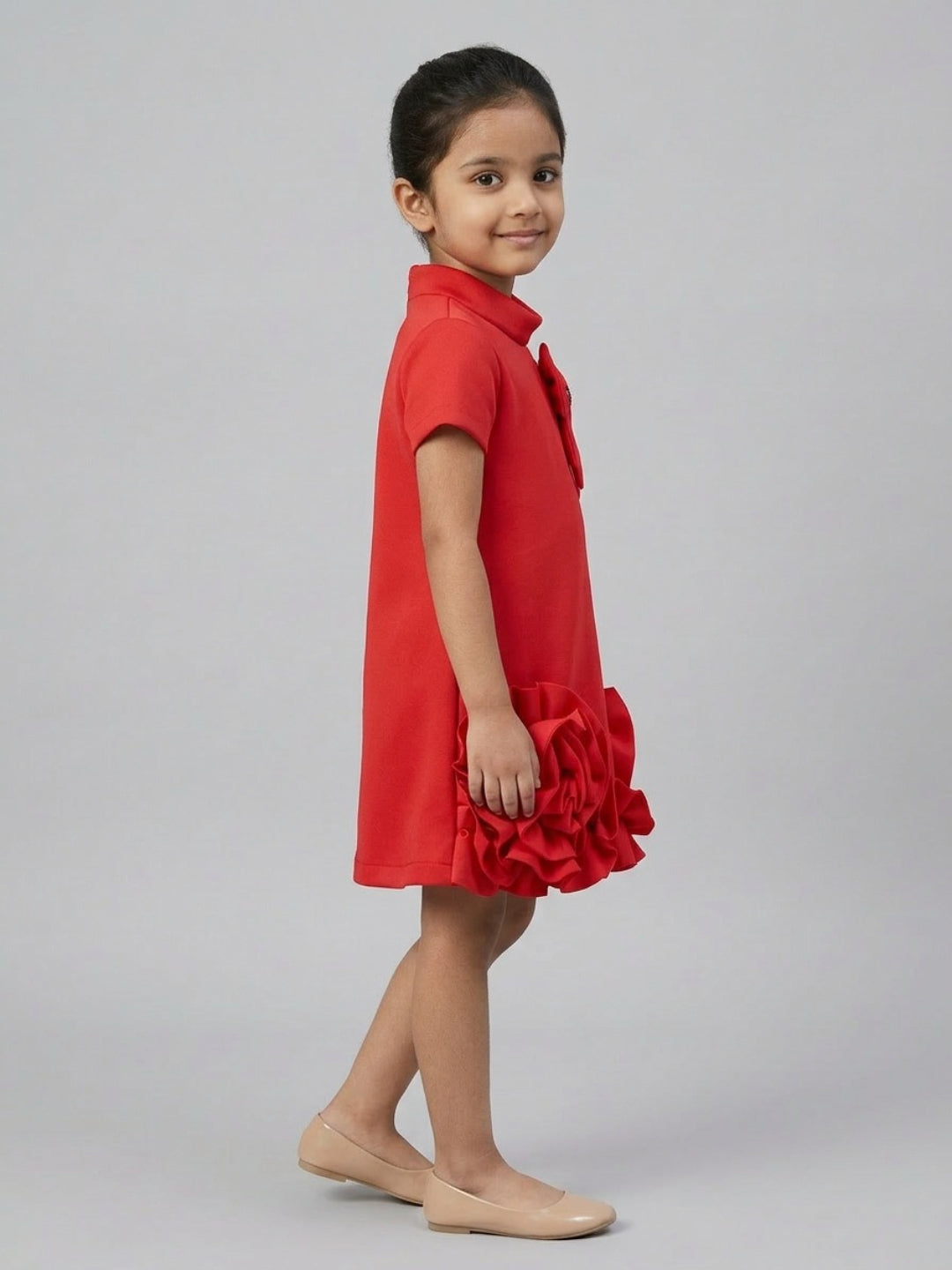 Biglilpeople Girls Red 3D Floral High Neck Short Sleeves A-Line Dress