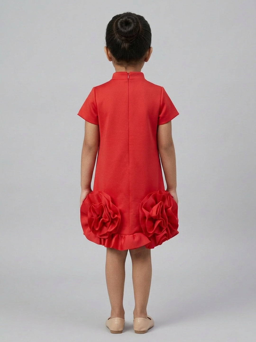 Biglilpeople Girls Red 3D Floral High Neck Short Sleeves A-Line Dress