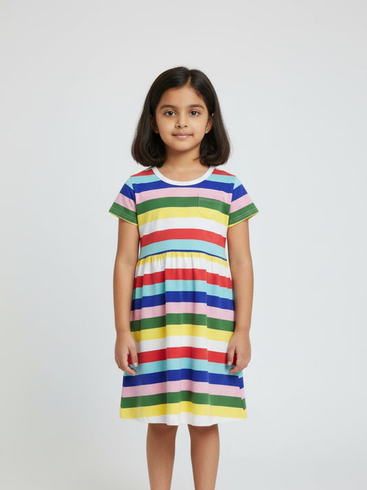 Biglilpeople Girls Colourful Striped Short Sleeves Knee Length A-Line Dress
