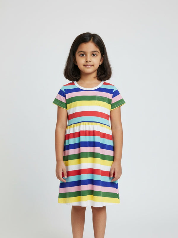 Vestido A-Line a Rayas de Colores de Manga Corta hasta la Rodilla para Niñas Biglilpeople