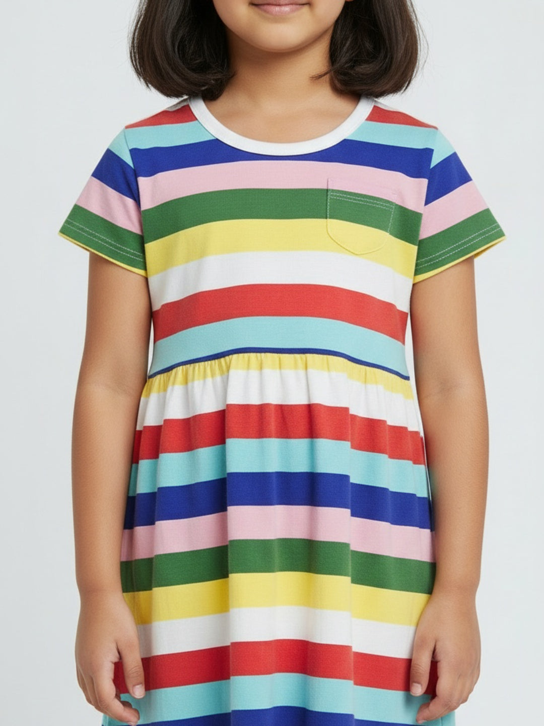 Biglilpeople Girls Colourful Striped Short Sleeves Knee Length A-Line Dress