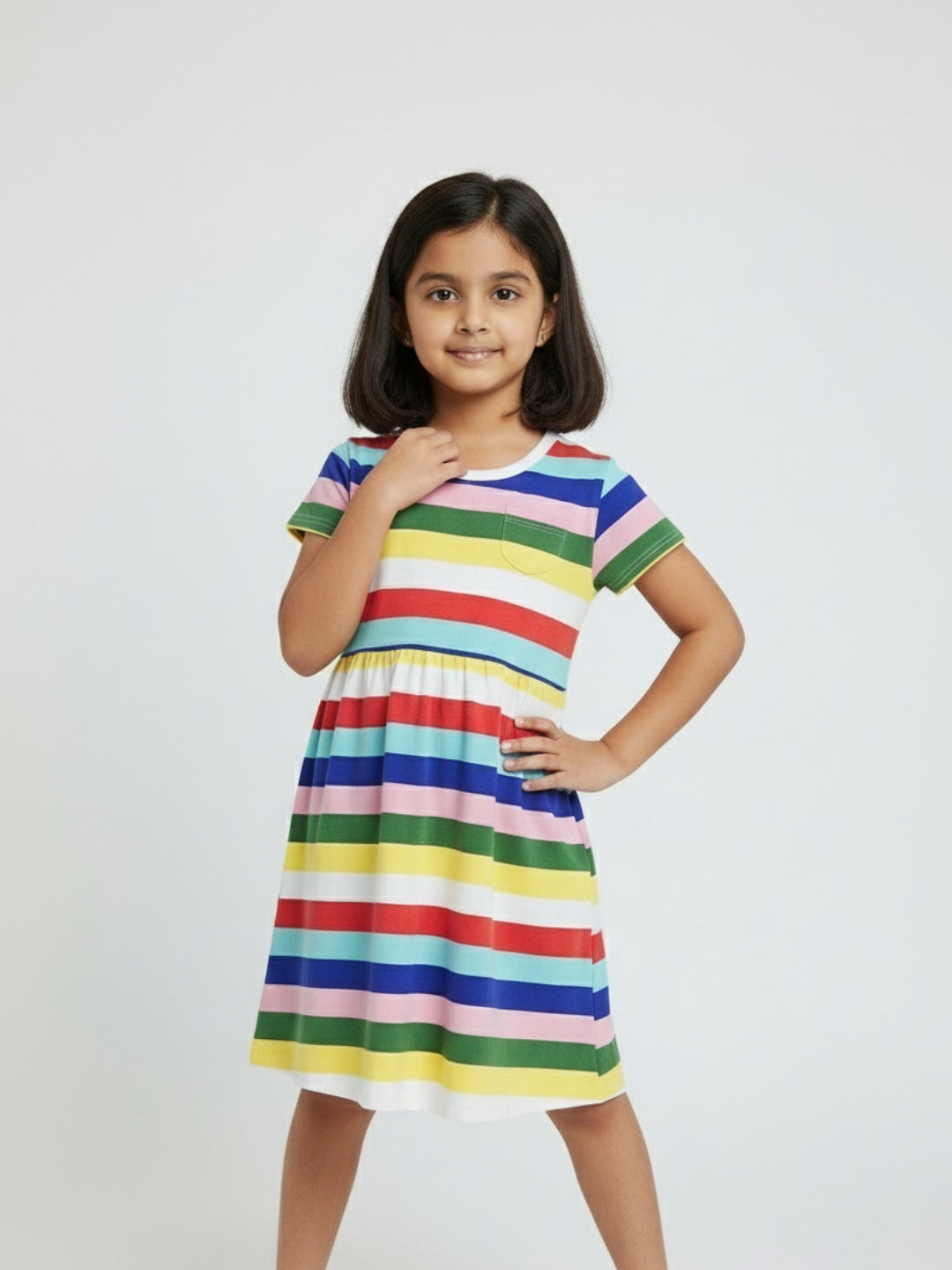 Biglilpeople Girls Colourful Striped Short Sleeves Knee Length A-Line Dress