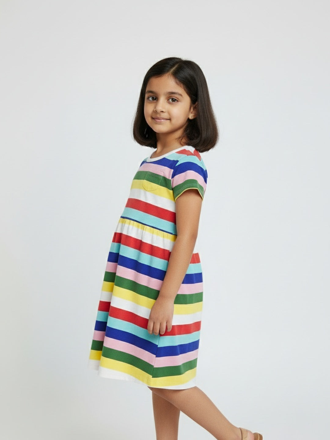 Biglilpeople Girls Colourful Striped Short Sleeves Knee Length A-Line Dress