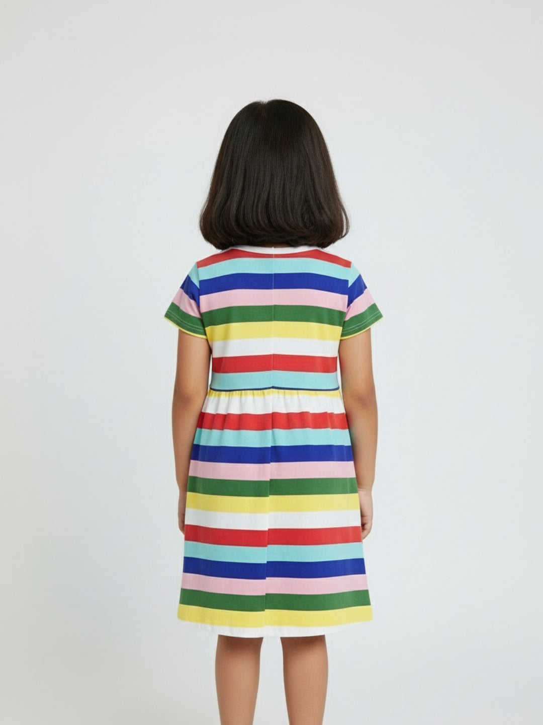 Biglilpeople Girls Colourful Striped Short Sleeves Knee Length A-Line Dress