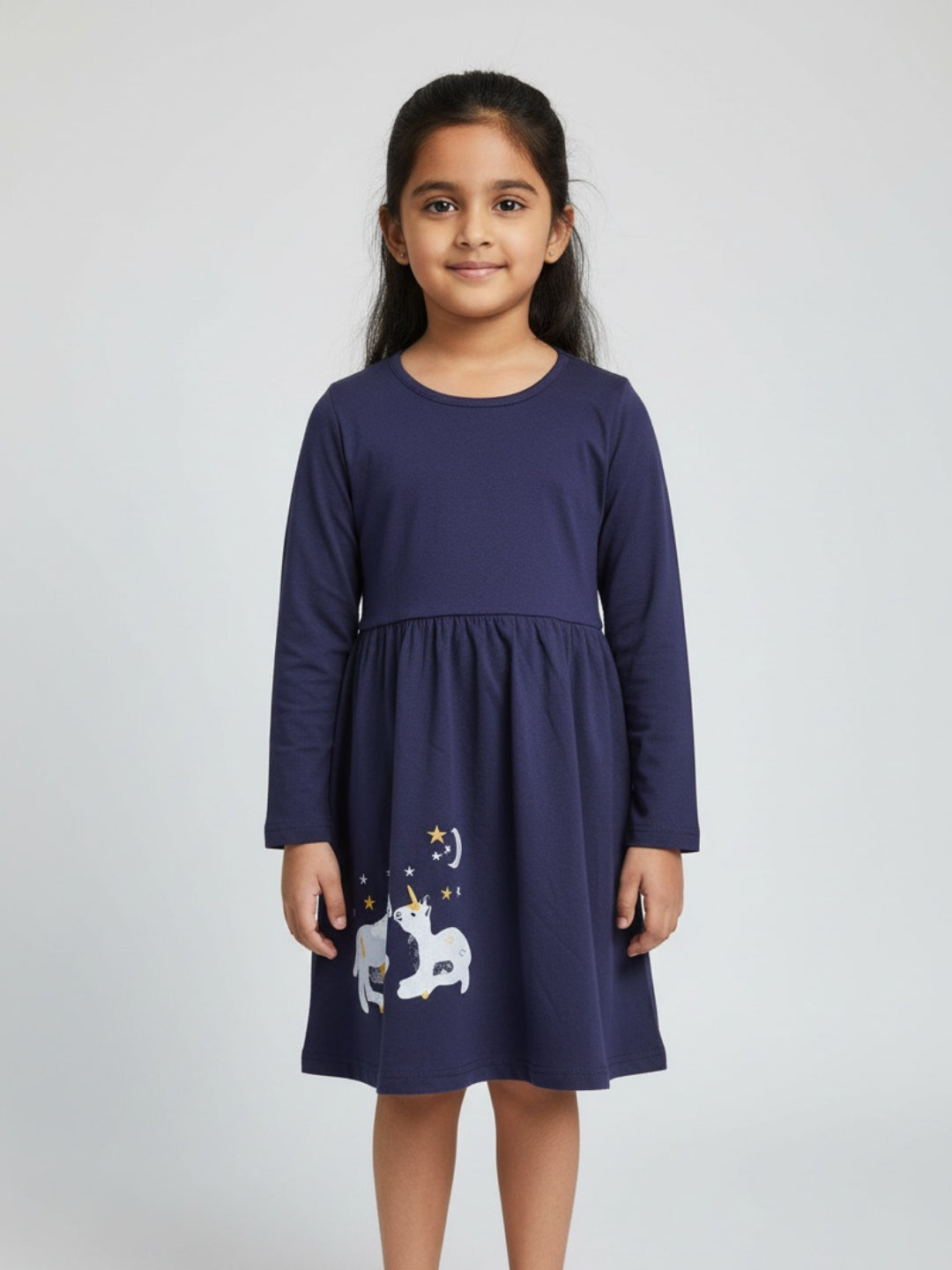 Biglilpeople Girls Unicorn Graphic Print Long Sleeves Knee Length A-Line Dress
