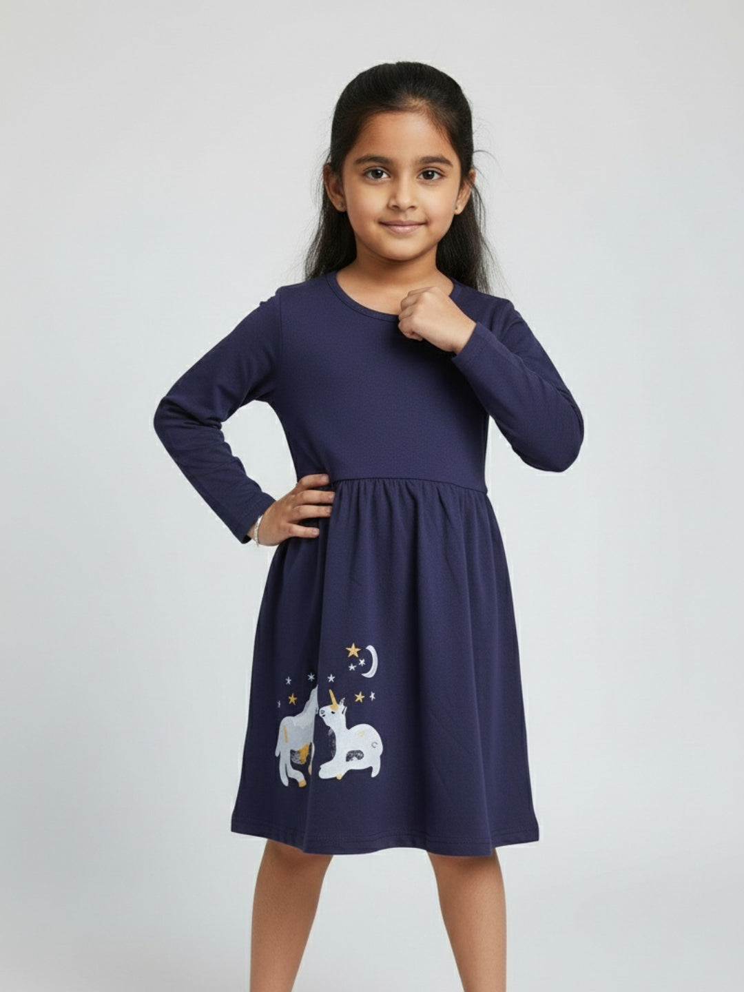 Biglilpeople Girls Unicorn Graphic Print Long Sleeves Knee Length A-Line Dress