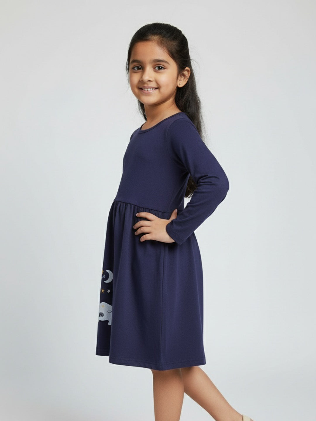 Biglilpeople Girls Unicorn Graphic Print Long Sleeves Knee Length A-Line Dress