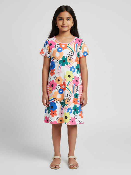 Biglilpeople Girls Floral Print Short Sleeves Knee Length Shift Dress