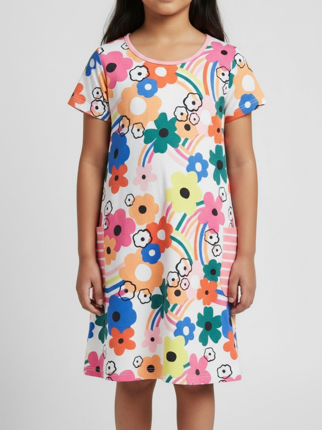 Biglilpeople Girls Floral Print Short Sleeves Knee Length Shift Dress