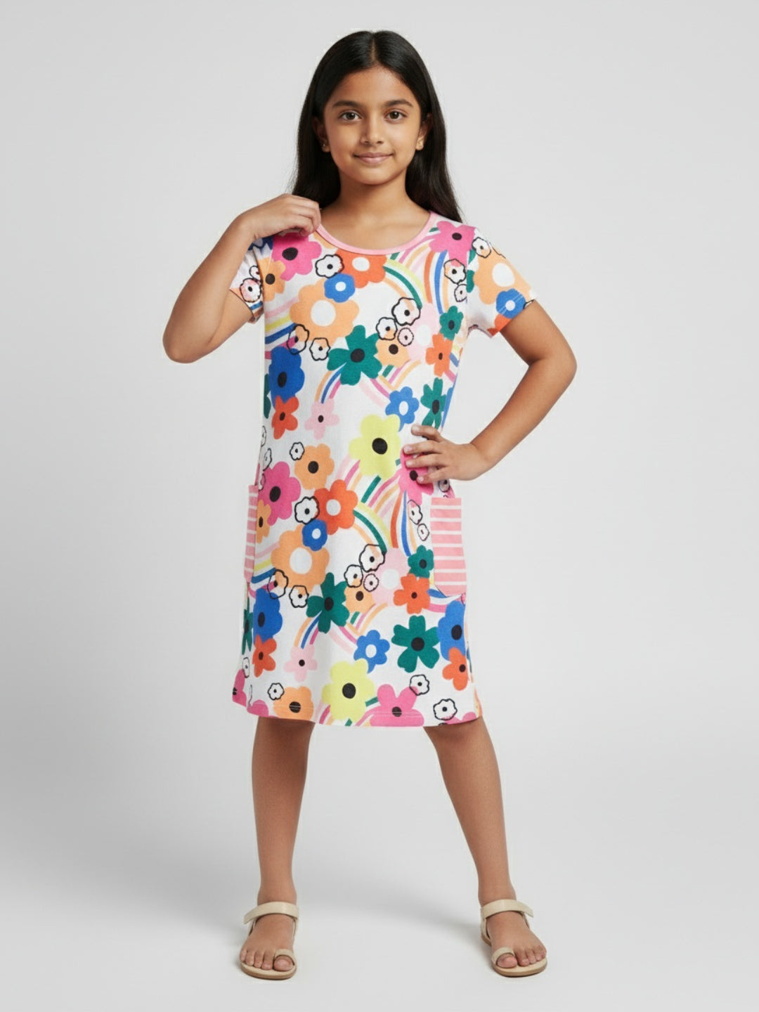 Biglilpeople Girls Floral Print Short Sleeves Knee Length Shift Dress