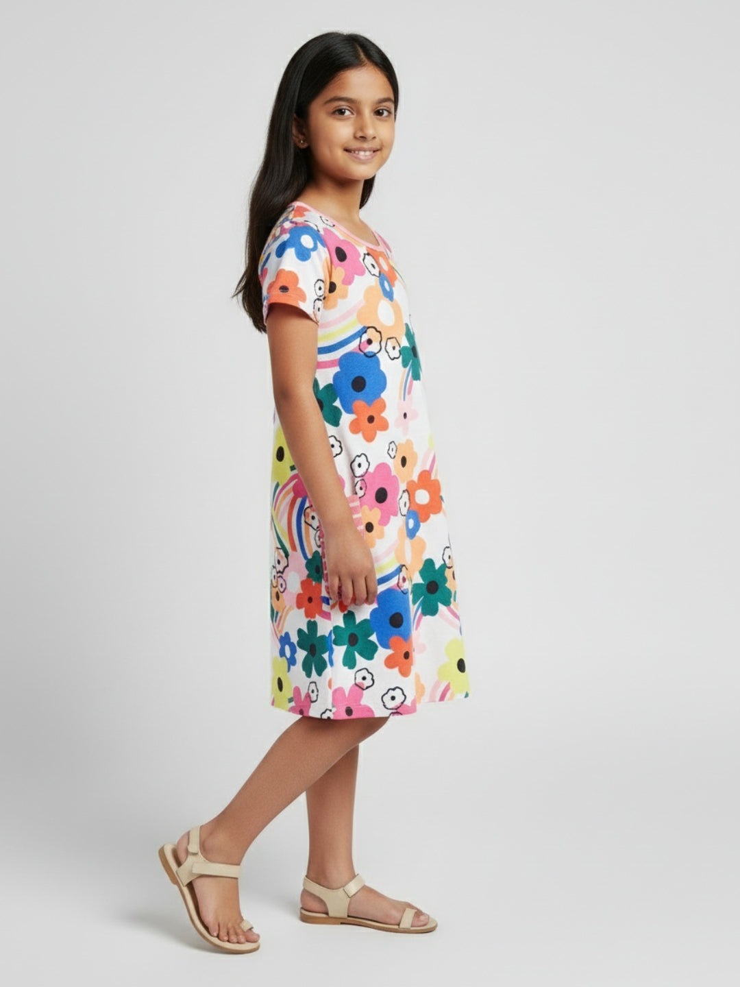 Biglilpeople Girls Floral Print Short Sleeves Knee Length Shift Dress